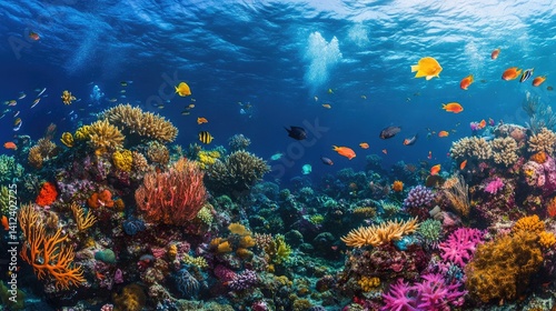 Healthy coral reef panorama showcasing vibrant marine life