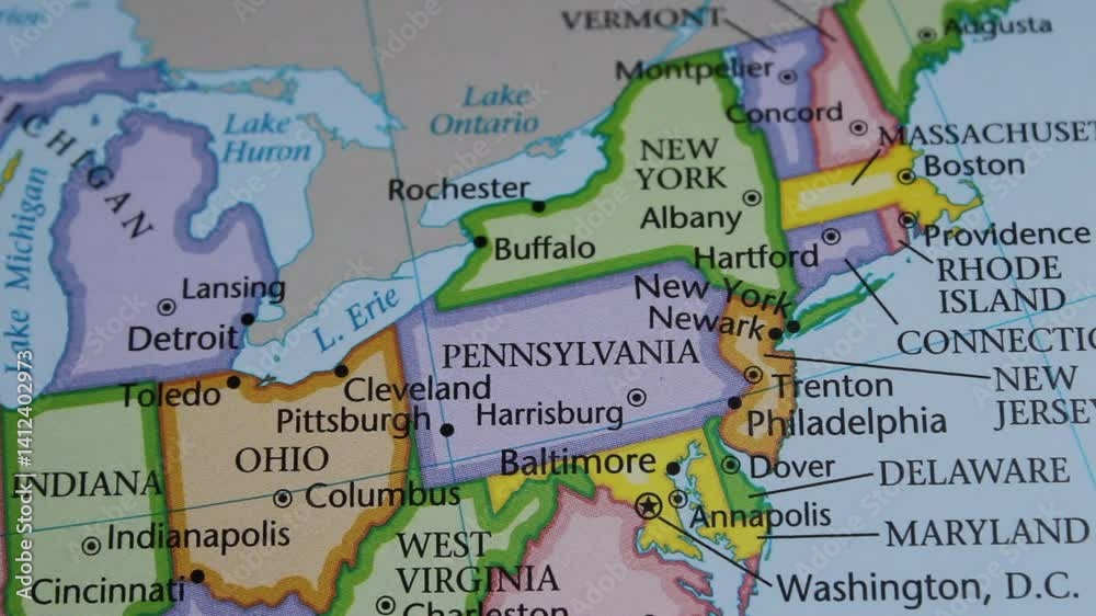 Close up of the USA on a map with New York state in sharp focus. New York state on a map 
