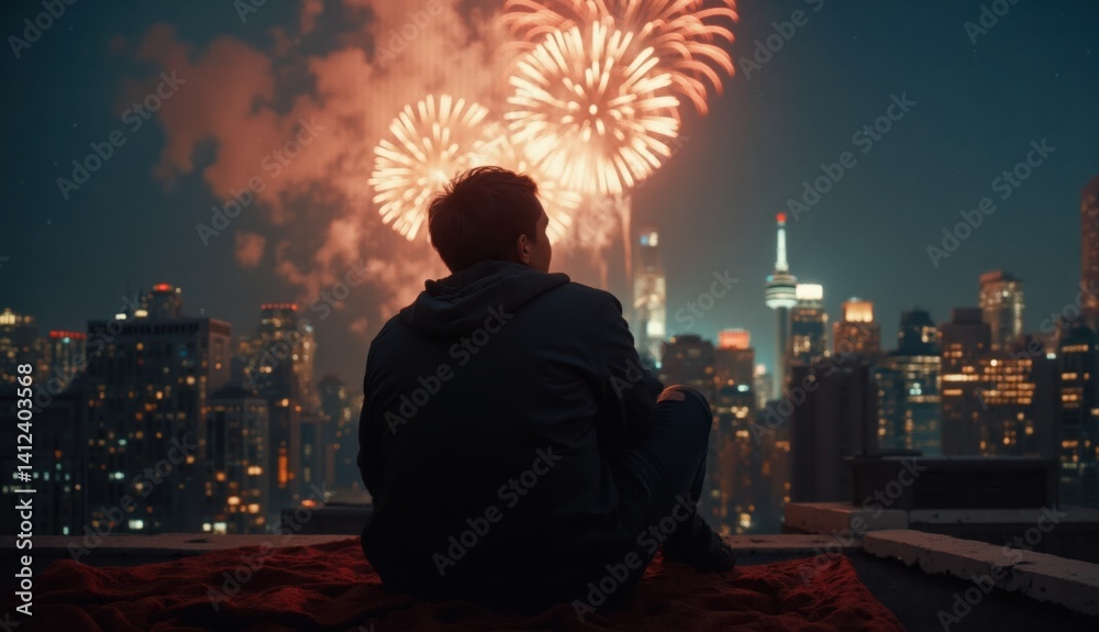Obraz premium A man sits on a rooftop under a blanket watching large fireworks burst over Toronto’s skyline during a festive night celebrating Canada Day with city buildings lit up.