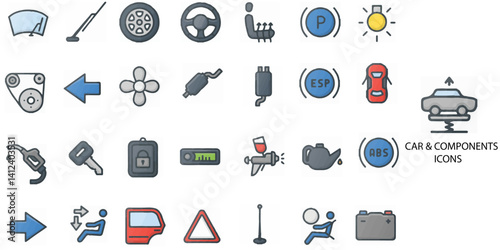 Car and Components simple concept 28 colour icons set. Contains such car service, diagnostics of vehicle, garage tools and car parts color icon set. Automatic and manual gearbox .Vector illustration.	