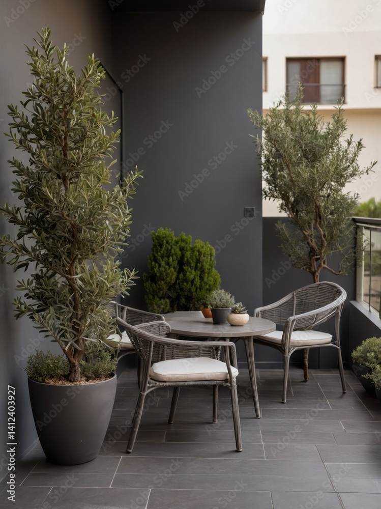 Fototapeta premium Balcony scene featuring stylish outdoor furniture and potted plants in a modern space