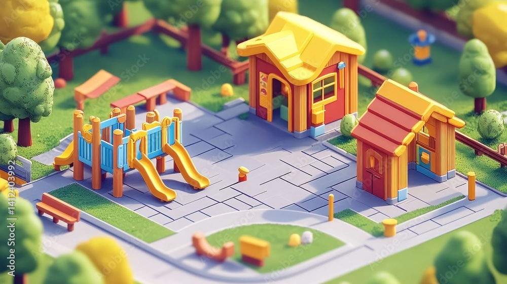 Obraz premium Playful park scene, colorful and detailed. Wooden structures, slides, and play equipment in a vibrant park setting