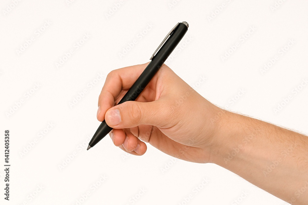 Hand Holding Black Pen Against White Background - Perfect for Design Projects Hand Holding Black Pen Against White Background - Perfect for Design Projects