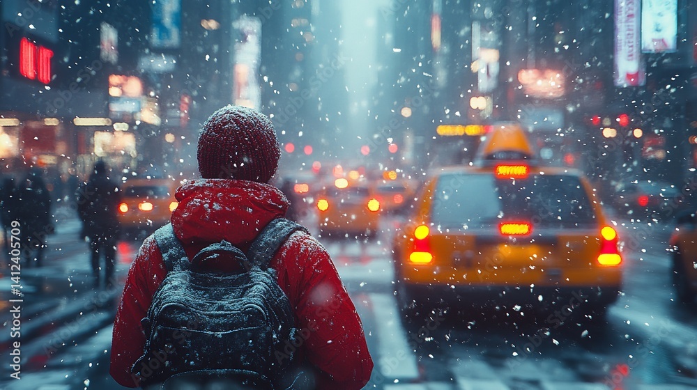 Snowy NYC Person in red jacket walks through a blizzard city lights blurred winter magic snow