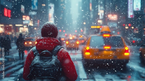 Obraz na płótnie Snowy NYC Person in red jacket walks through a blizzard city lights blurred winter magic snow w salonie