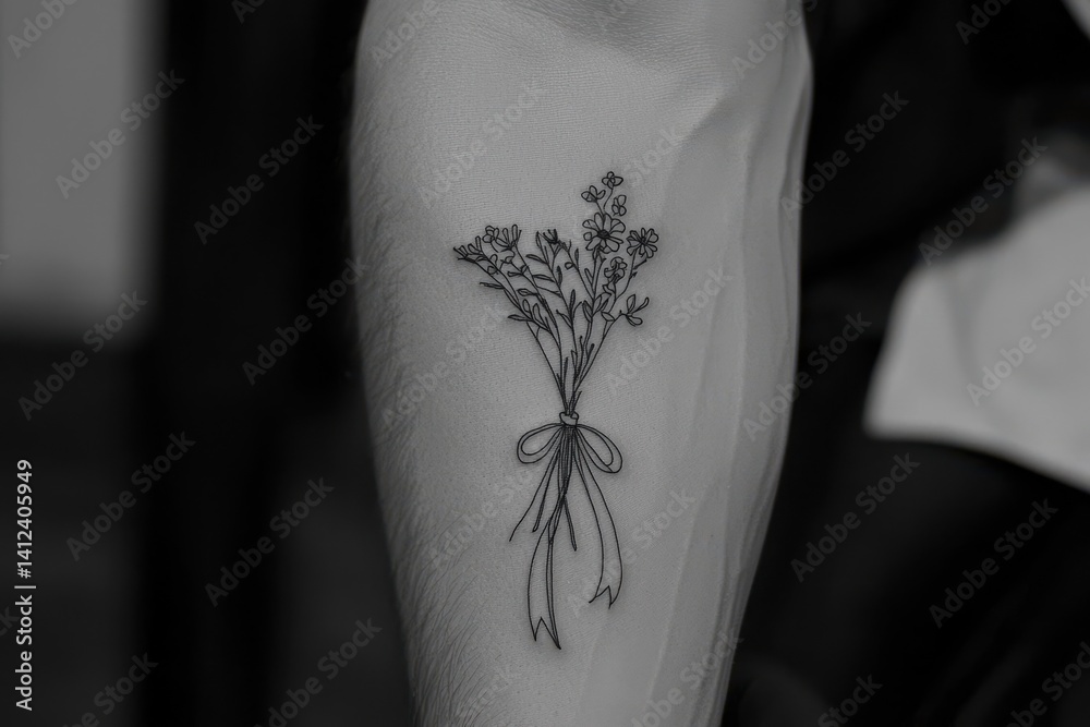 Obraz premium Wildflower Bouquet A tattoo of a small wildflower bouquet tied with a ribbon, drawn with fine black lines