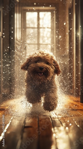 Joyful Splash: A wet, energetic dog joyfully shakes off water droplets, creating a captivating splash effect, with a beaming smile and vibrant fur.