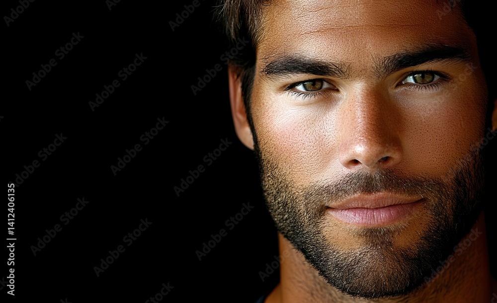 Obraz premium A bearded, serious-looking man with a stylish haircut, photographed against a black background, highlighting the importance of men's grooming and skincare routines