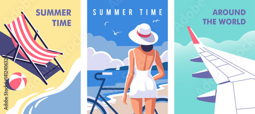 A vibrant representation of summer featuring a beach chair, a woman in a hat by the shoreline, and an airplane, all capturing the essence of travel and leisure. Vector illustration.