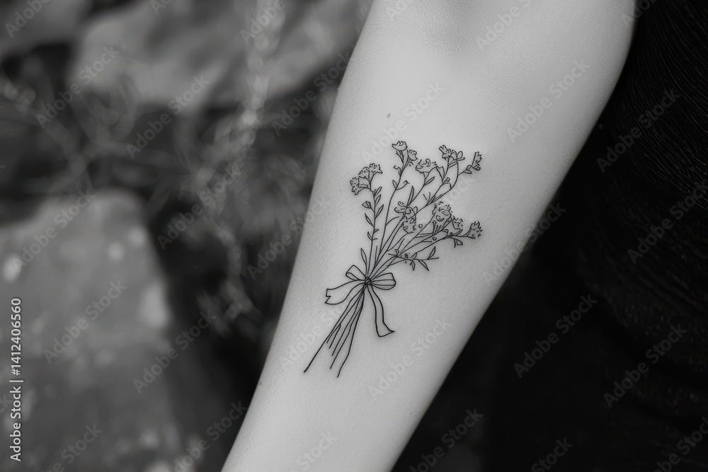 Obraz premium Wildflower Bouquet A tattoo of a small wildflower bouquet tied with a ribbon, drawn with fine black lines