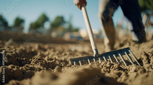 Construction worker manually leveling ground with a rake at a residential site. Highlighting groundwork preparation