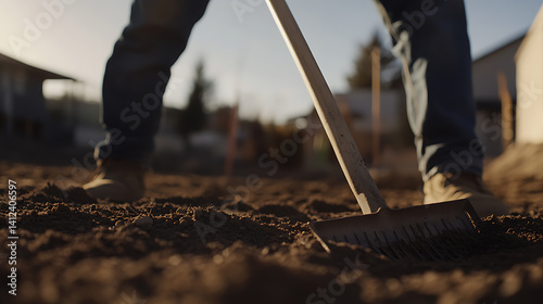 Construction worker manually leveling ground with a rake at a residential site. Highlighting groundwork preparation