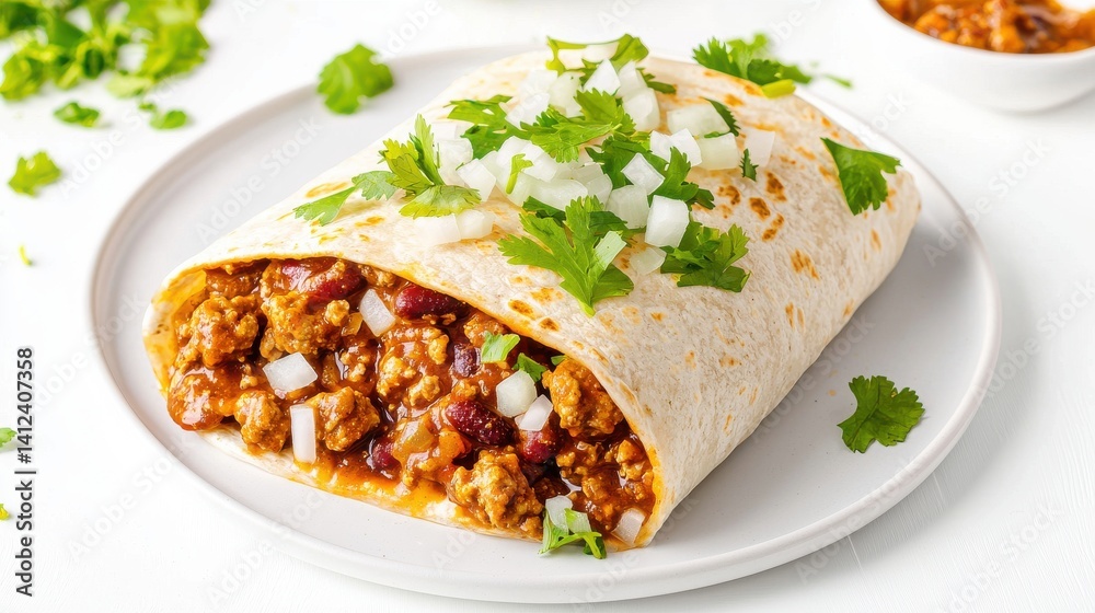 A delicious and appetizing burrito filled with seasoned ground beef chili beans and onions is presented on a white plate garnished with fresh cilantro and white onions ready to be A delicious and appetizing burrito filled with seasoned ground beef chili beans and onions is presented on a white plate garnished with fresh cilantro and white onions ready to be