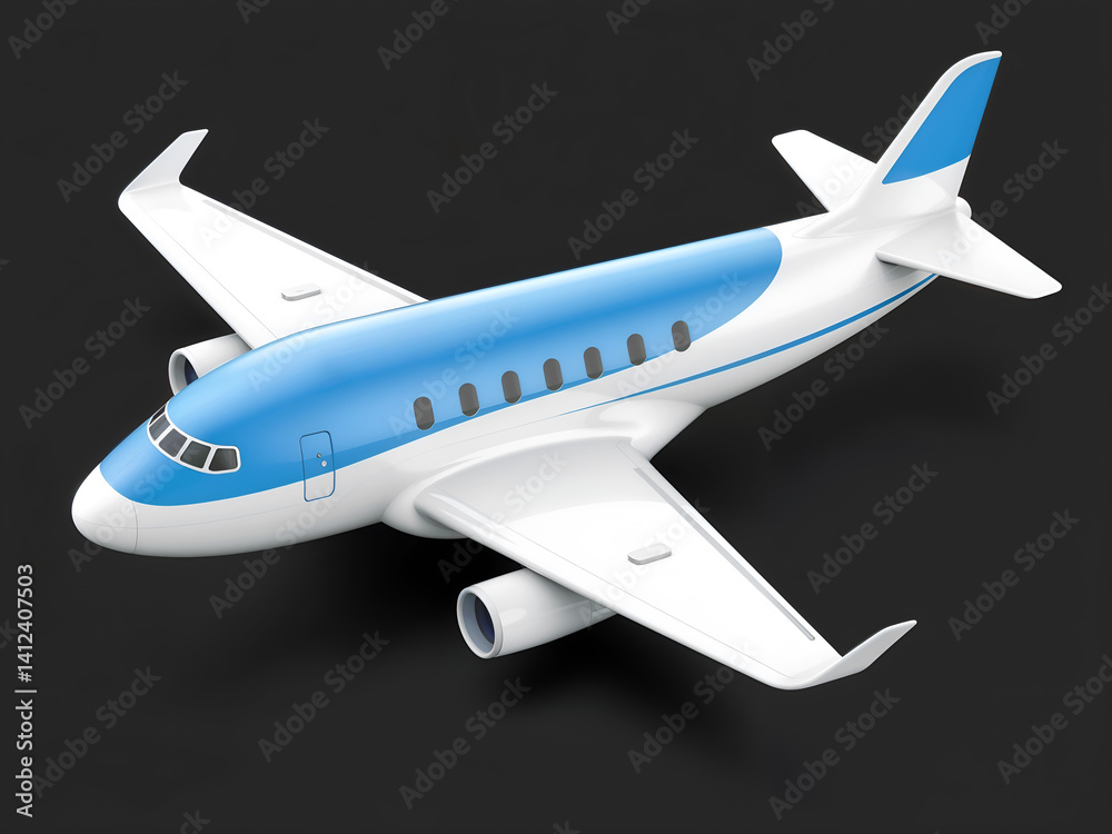 3D airplane model in blue-white color, perfect for travel, aviation, and transport. Generative AI