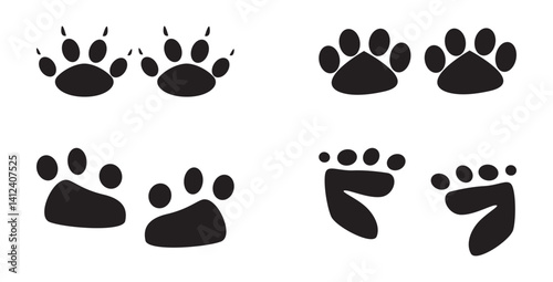 Collection human footprints vector. Boot sole, bare feet, baby footprint, high heel.