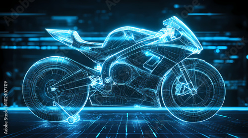 Wallpaper Mural Cyberbike: Futuristic wireframe motorcycle design, glowing with vibrant blue digital energy, set against a dark tech background.  Torontodigital.ca