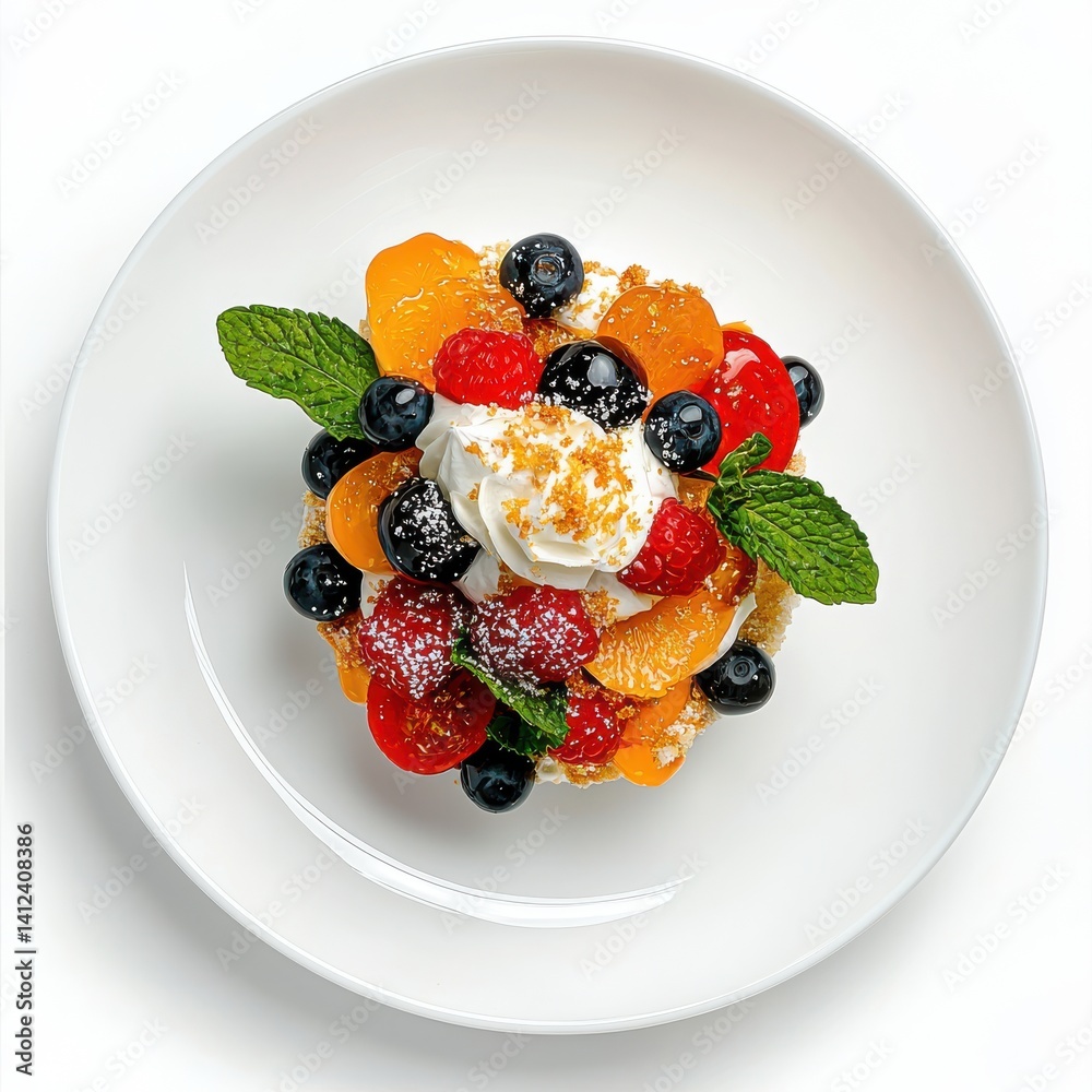 A delectable fruit tart features a creamy topping adorned with fresh raspberries, blueberries, apricots, and a sprinkle of crunchy crumbs on a pristine white plate. A delectable fruit tart features a creamy topping adorned with fresh raspberries, blueberries, apricots, and a sprinkle of crunchy crumbs on a pristine white plate.