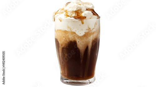 Refreshing Root Beer Float on White Background with Copy Space for Advertisements and Design Projects