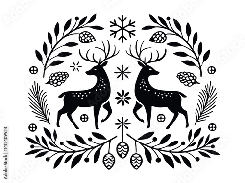 Vector hand-drawn illustration of animals in Nordic style hygge. Silhouette of a deer in a floral pattern in a folk Scandinavian style