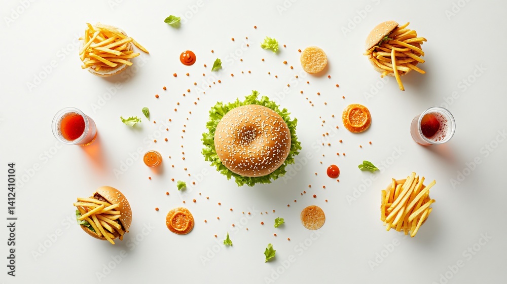 Flat lay of fast food items including burgers fries and soda on light surface made with Generative AI technology Flat lay of fast food items including burgers fries and soda on light surface made with Generative AI technology