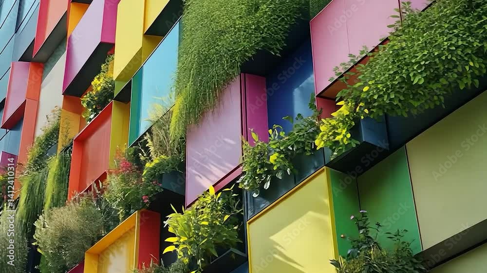 Vibrant vertical garden with colorful planters showcasing diverse plants against a modern wall