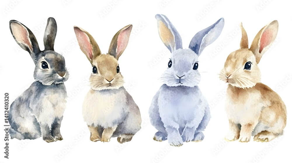 Fototapeta premium Adorable Watercolor Rabbits on White Background
