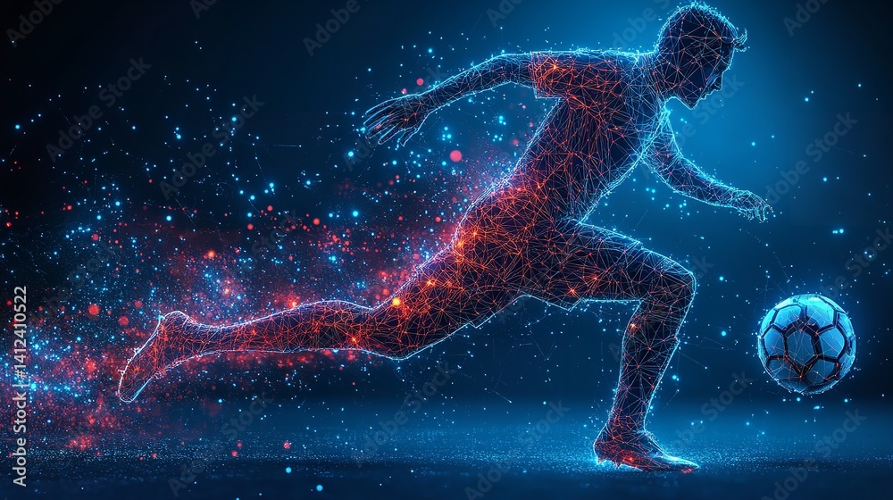 Dynamic Soccer Player Neon Lines Art Futuristic Football Action Blue Red Glowing