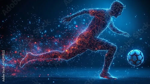 Obraz na płótnie Dynamic Soccer Player Neon Lines Art Futuristic Football Action Blue Red Glowing w salonie