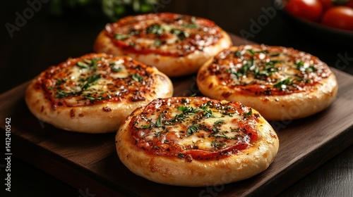 A mini personal pizza, cute and small, with simple tomato sauce and mozzarella, perfect for one serving, presented on a small wooden board.