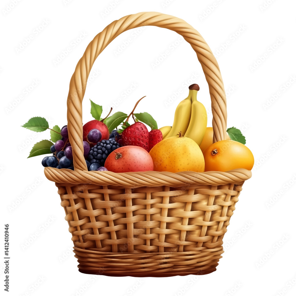 Wicker Basket with Fresh Fruit isolated on transparent background. Wicker Basket with Fresh Fruit isolated on transparent background.