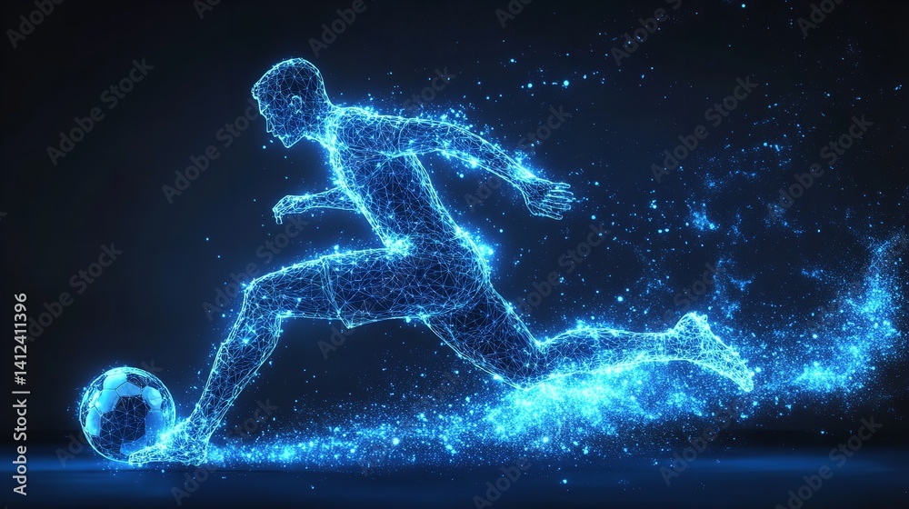 Dynamic soccer player vibrant blue energy motion blur digital art glowing lines polygonal style