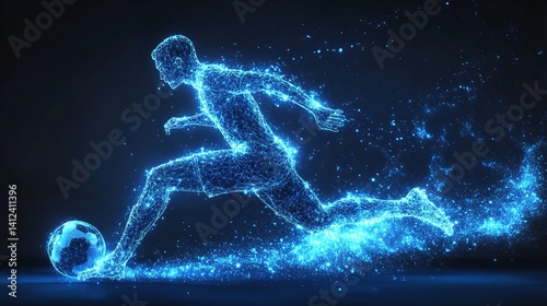 Obraz na płótnie Dynamic soccer player vibrant blue energy motion blur digital art glowing lines polygonal style w salonie