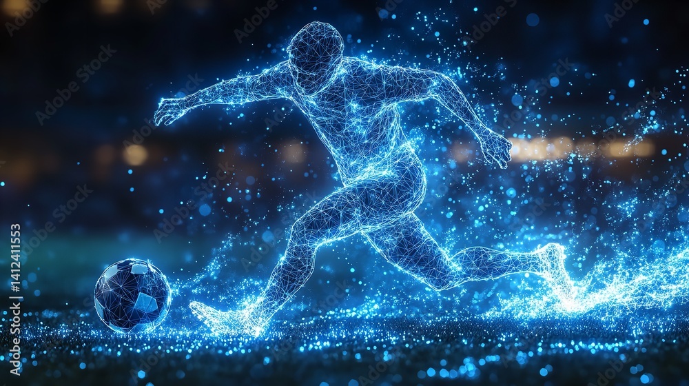 Futuristic soccer player in dynamic action vibrant blue digital art night game energy