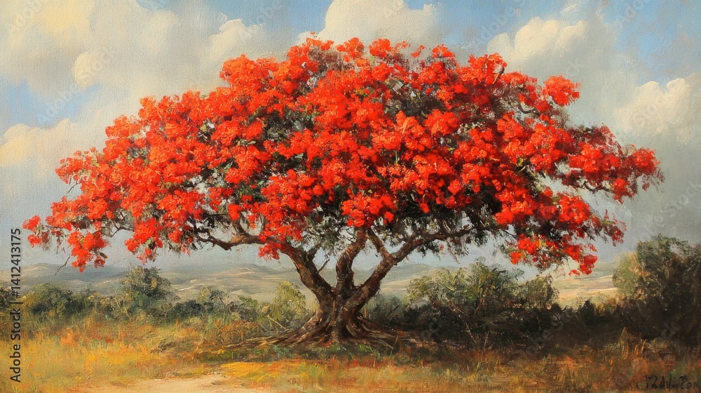 Vibrant Red Flowering Tree Under Blue Sky and White Clouds Vibrant Red Flowering Tree Under Blue Sky and White Clouds