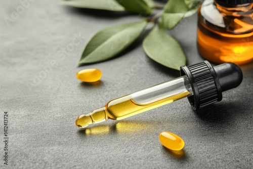 A beautiful young woman is shown applying a cosmetic serum to her face against a grey background in a closeup shot