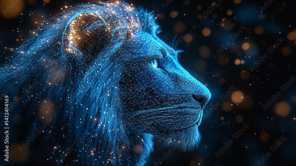 Majestic lion profile glowing with digital energy dark background vibrant blue and gold hues
