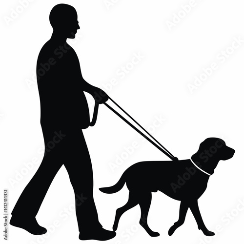 Blind man walking with guide dog in silhouette style