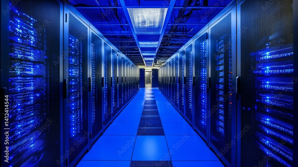 Fototapeta premium Server room with rows of data storage racks illuminated with blue light.
