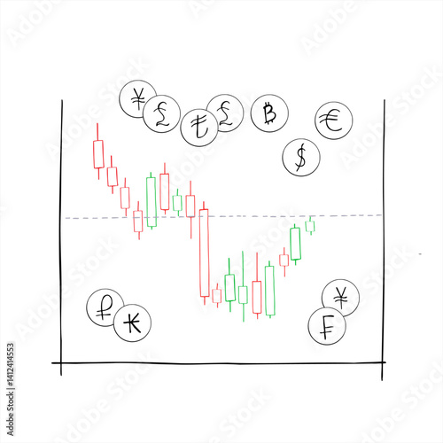 Hand drawn abstract interval chart of changes in stock exchange quotes and price for different types of currencies vector illustration. Red, green candles of the financial market. For banking data