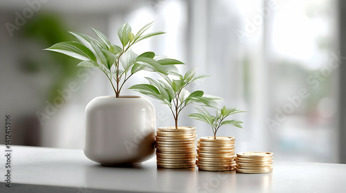 Growing plants on stacks of gold coins symbolizing financial growth and investment
