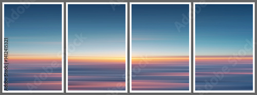 Set of minimalist sunset posters above the clouds. Dreamy atmospheric prints with sunsets over clouds in soft gradients and horizontal flows. Infinite beauty of nature for a peaceful modern interior