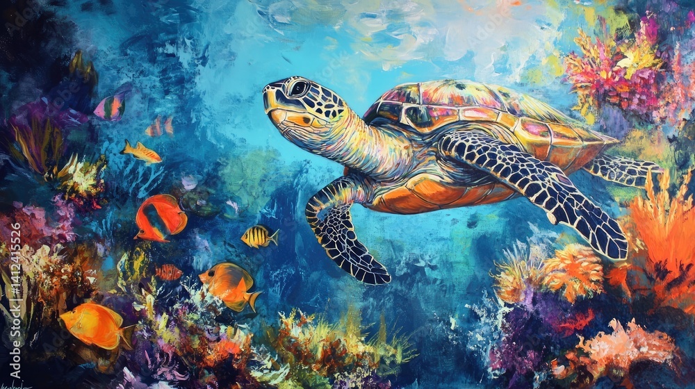Obraz premium Turtle with colorful tropical fish and marine life in the coral reef
