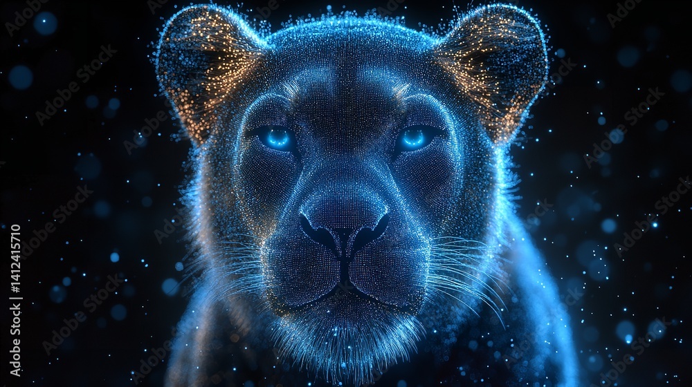 Majestic lioness portrait glowing blue particles dark background digital art mesmerizing