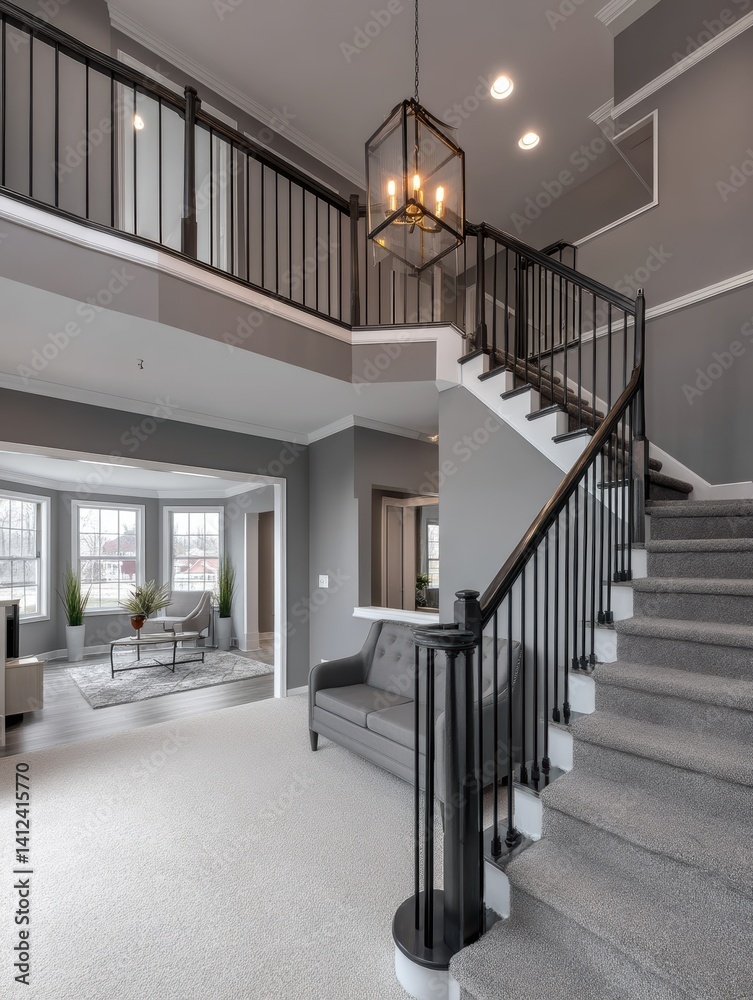 Obraz premium Modern foyer with a sleek curved staircase, minimalist decor, natural light - curved bright monochrome chic ambiance