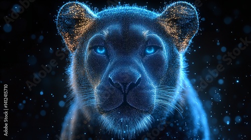 Obraz na płótnie Majestic lioness portrait glowing blue particles dark background digital art mesmerizing w salonie