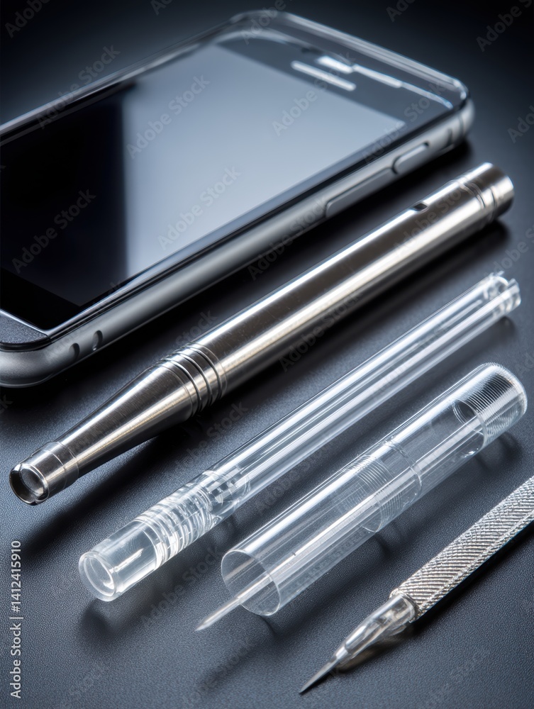 Multiple electrodes arranged on a clean surface near a modern device - circuitry energy equipment Multiple electrodes arranged on a clean surface near a modern device - circuitry energy equipment