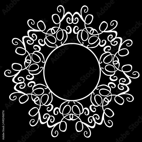 Beautiful round patterned frame in white on a black background