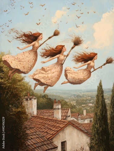 Whimsical Flight: A trio of graceful figures soars through the sky on enchanted brooms, their red hair billowing in the wind, with a breathtaking view of the picturesque town below. 