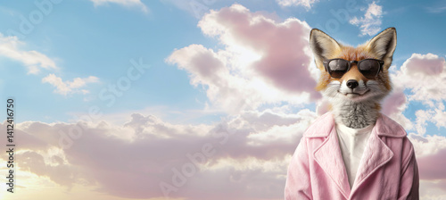 Fox with Sunglasses on Blue Sky with Pink Clouds: Anthropomorphic Fox wearing Sunglasses and Pink Jacket on Panoramic Sky Background with Copy Space