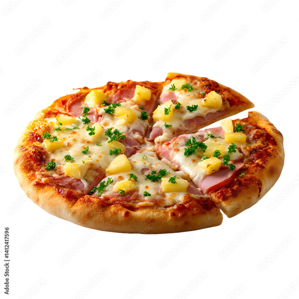 A hawaiian pizza with ham pineapple and parsley on black background A hawaiian pizza with ham pineapple and parsley on black background
